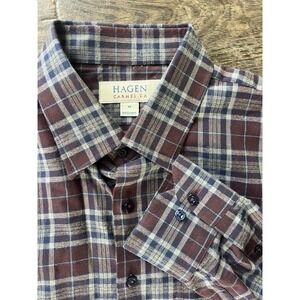 Hagen‎ Button Up Shirt CARMEL FIT Men's Size Medium M Brown Blue CHECK Cotton